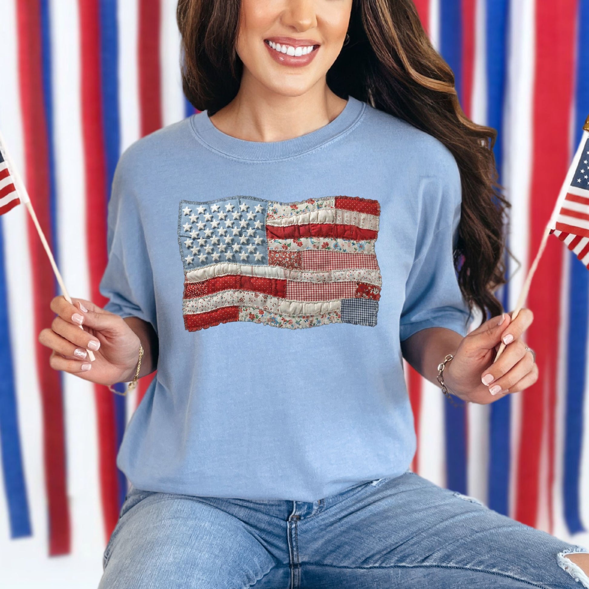 "Faux Patchwork American Flag" graphic on muted denim blue (washed denim) T-Shirt.
