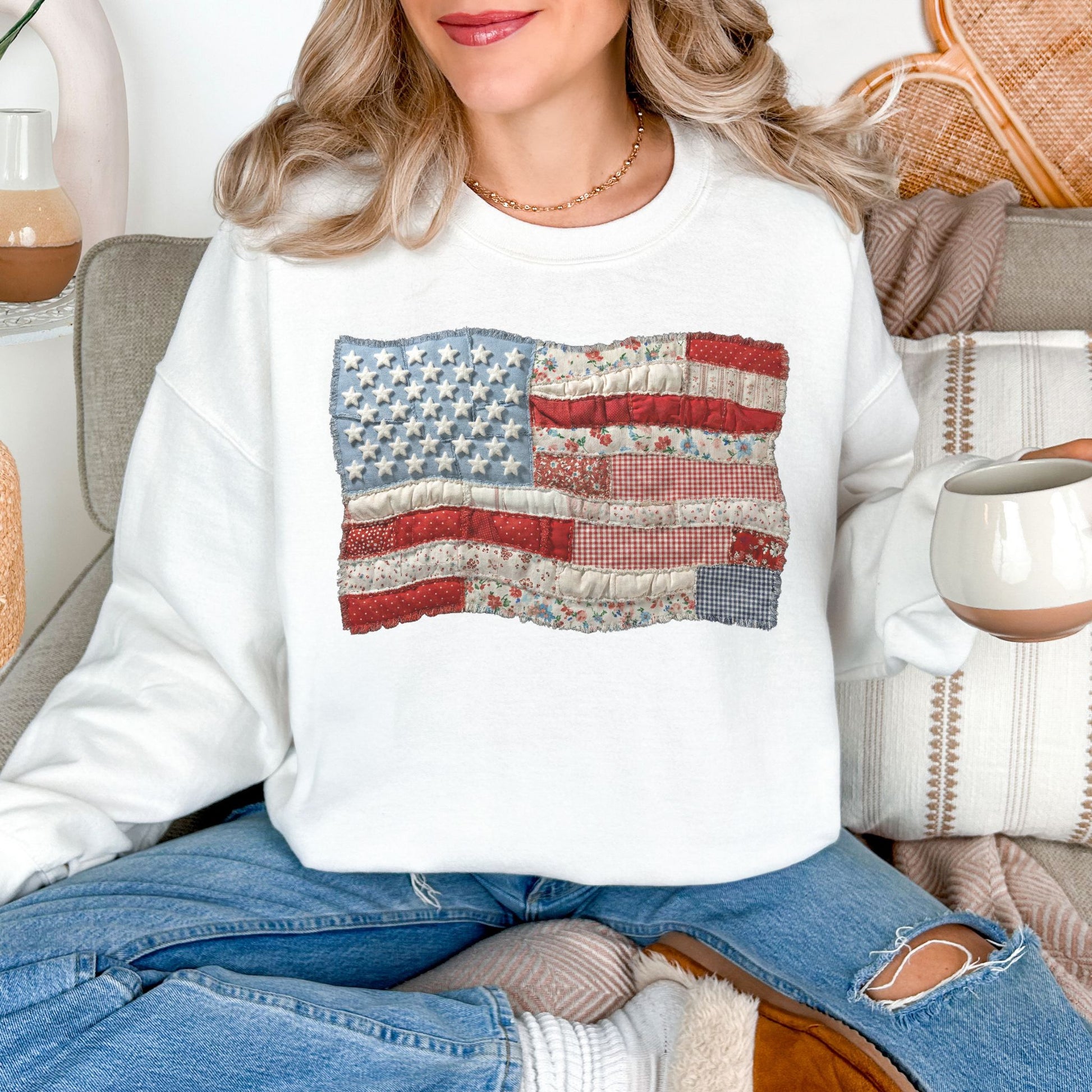 "Faux Patchwork American Flag" graphic on very white (white) sweatshirt.