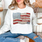 "Faux Patchwork American Flag" graphic on very white (white) sweatshirt.