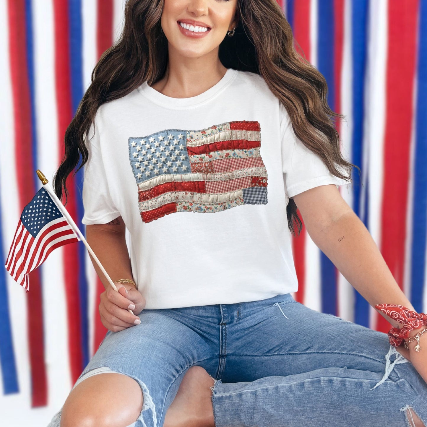 "Faux Patchwork American Flag" graphic on a white T-Shirt.