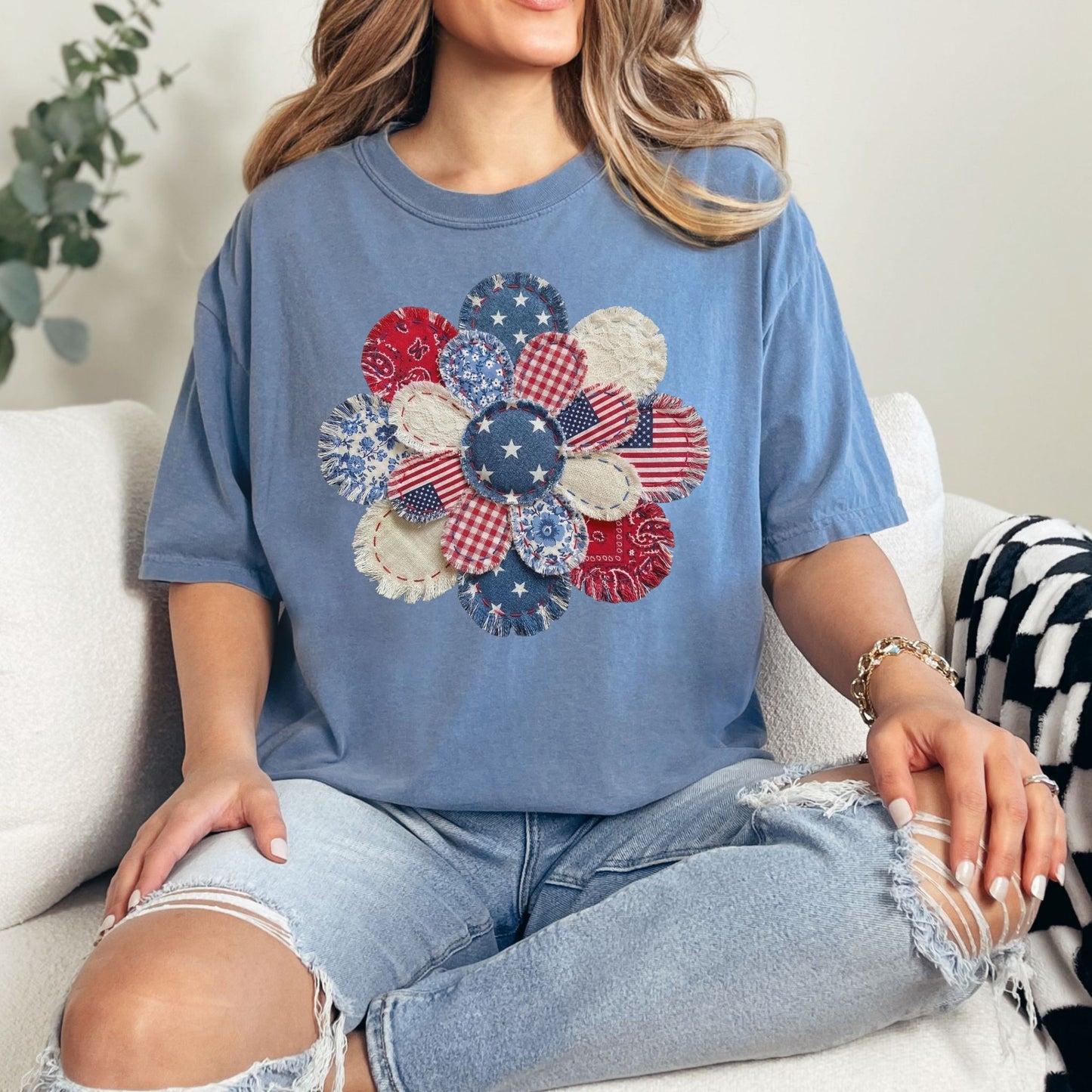 "Patriotic Patchwork Flower" graphic on muted denim blue (blue jean) T-Shirt.