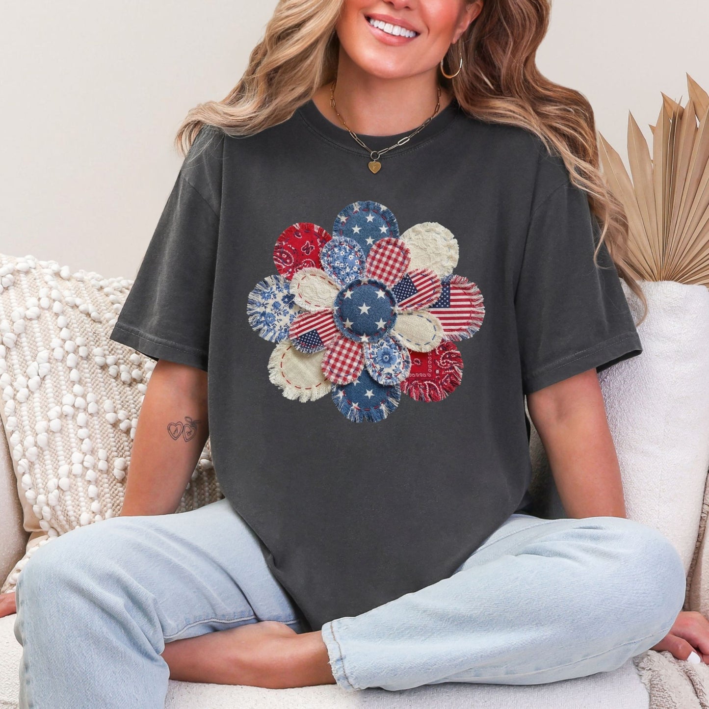 "Patriotic Patchwork Flower" graphic on dark charcoal gray (pepper) T-Shirt.