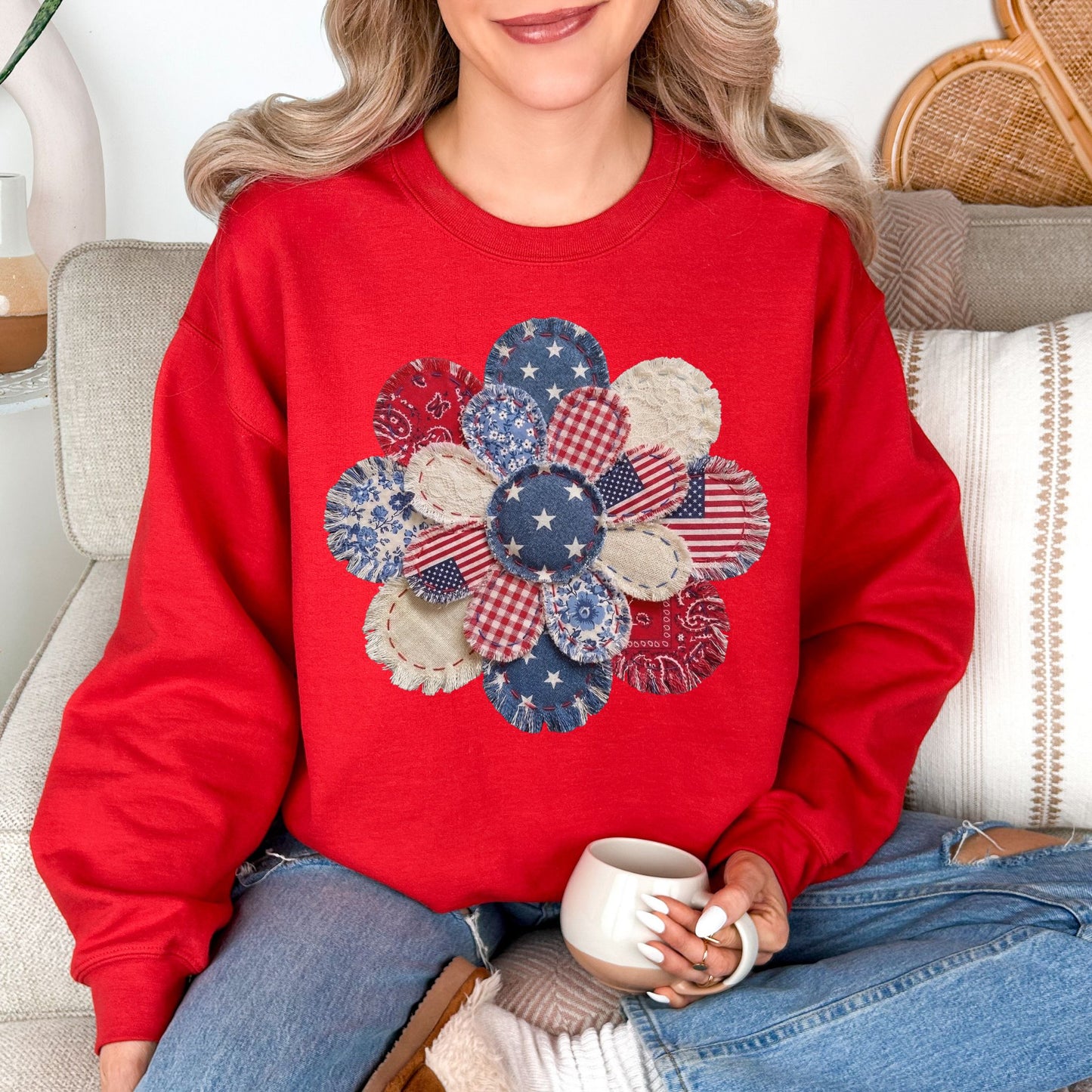 "Patriotic Patchwork Flower" graphic on true red (red) sweatshirt.