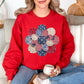 "Patriotic Patchwork Flower" graphic on true red (red) sweatshirt.