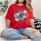 "Patriotic Patchwork Flower" graphic on a classic true red (red) T-Shirt.