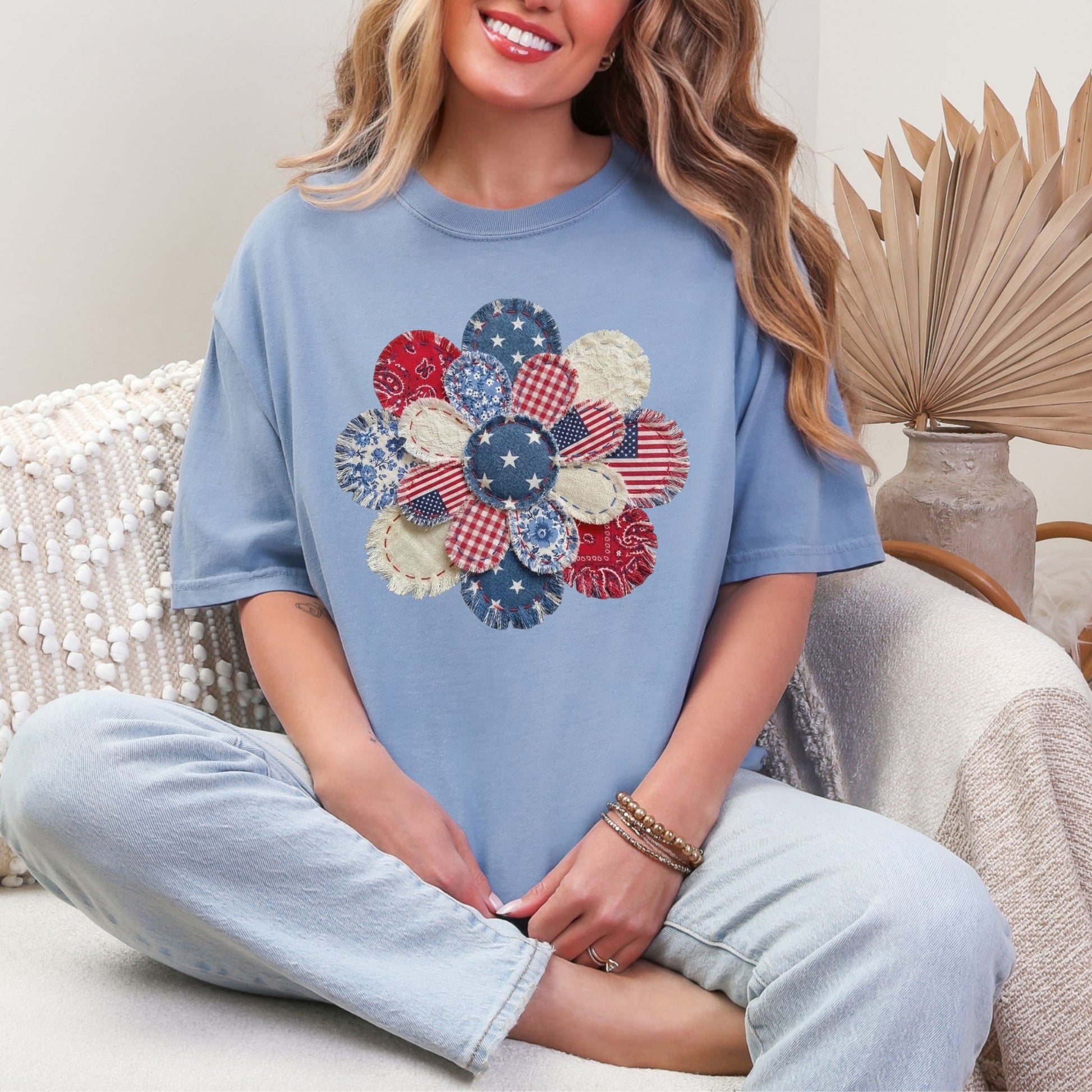 "Patriotic Patchwork Flower" graphic on muted denim blue (washed denim) T-Shirt.