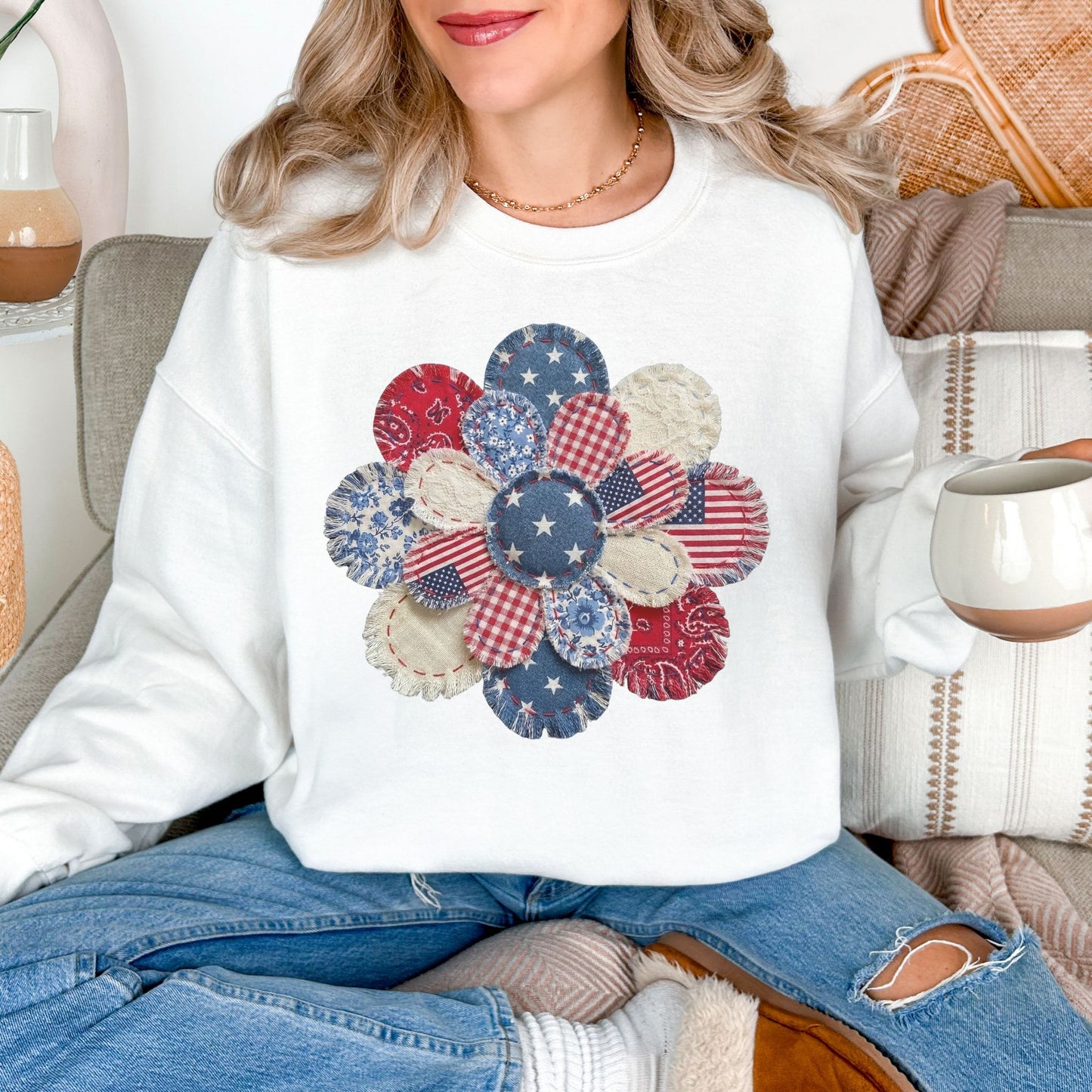 "Patriotic Patchwork Flower" graphic on bright white (white) sweatshirt.