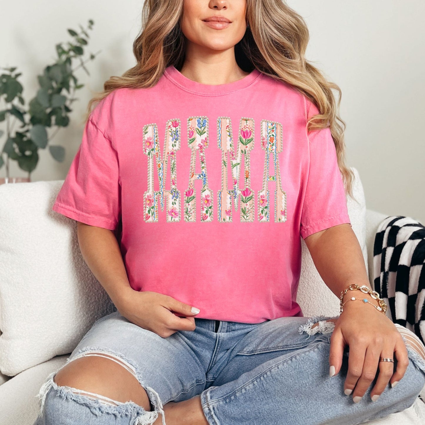 “Pearl Floral Mama" graphic on bright raspberry pink (crunchberry) t-shirt.