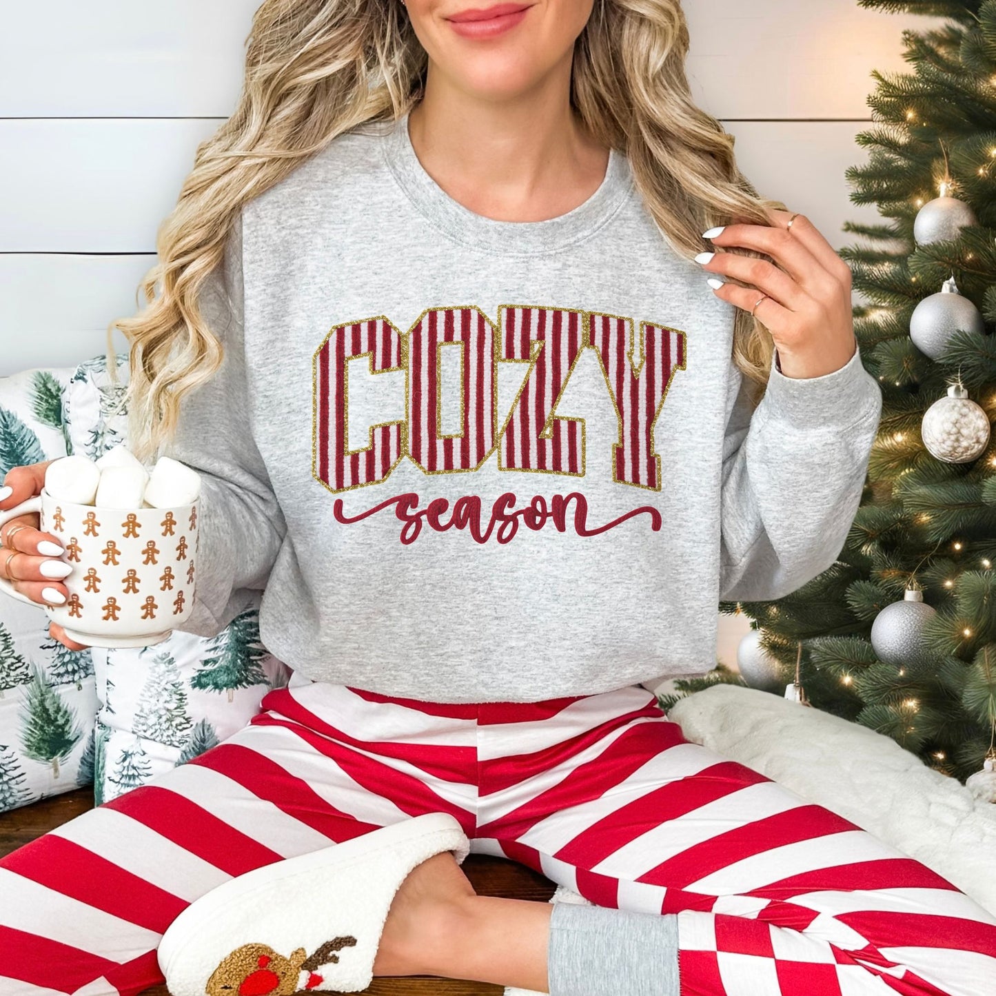 "Peppermint Cozy Season Christmas" graphic on very light gray (ash) Gildan 18000 sweatshirt.