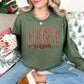 "Peppermint Cozy Season Christmas" graphic on muted olive green (military green) Gildan 18000 sweatshirt.