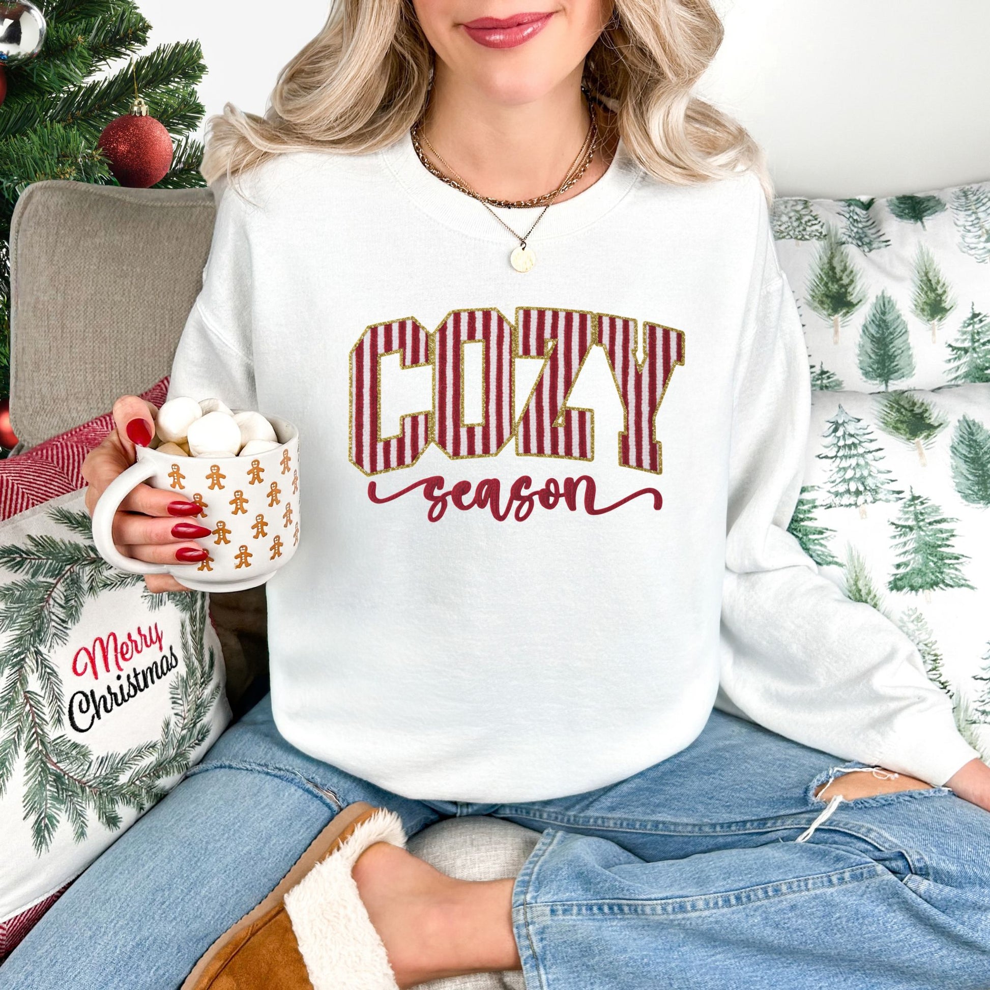 "Peppermint Cozy Season Christmas" graphic on a White Gildan 18000 sweatshirt.