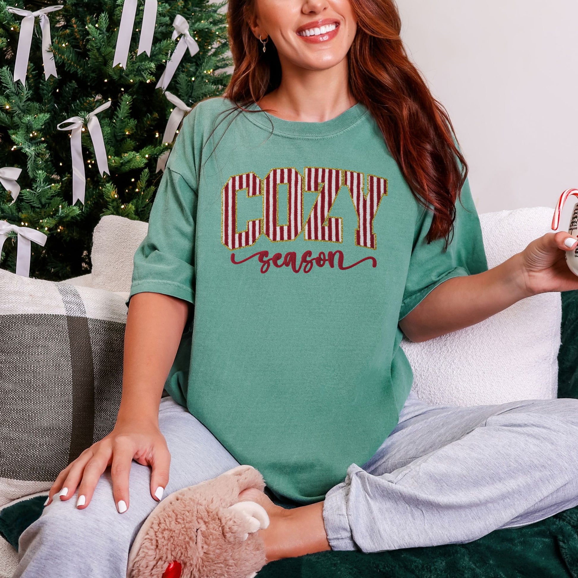 "Peppermint Cozy Season Christmas" graphic on soft light green (light green) Comfort Colors 1717 T-Shirt.