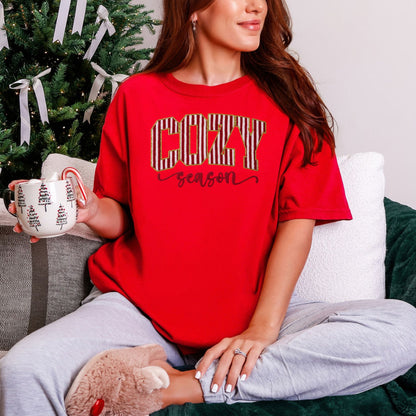 "Peppermint Cozy Season Christmas" graphic on classic true red (red) Comfort Colors 1717 T-Shirt.