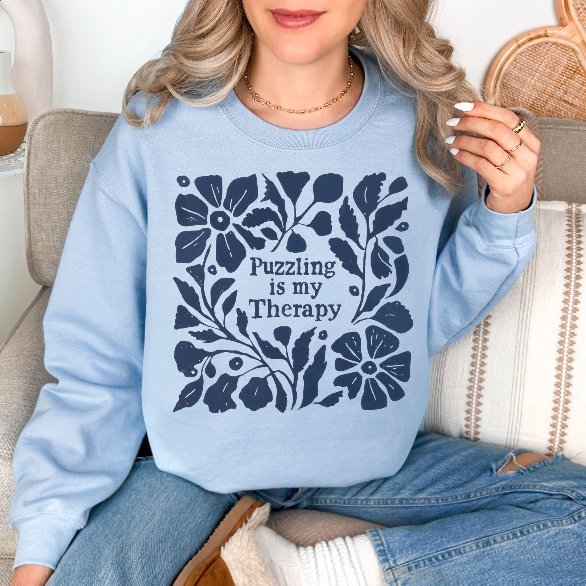 "Puzzling is my therapy" graphic on pale soft blue (light blue) sweatshirt.