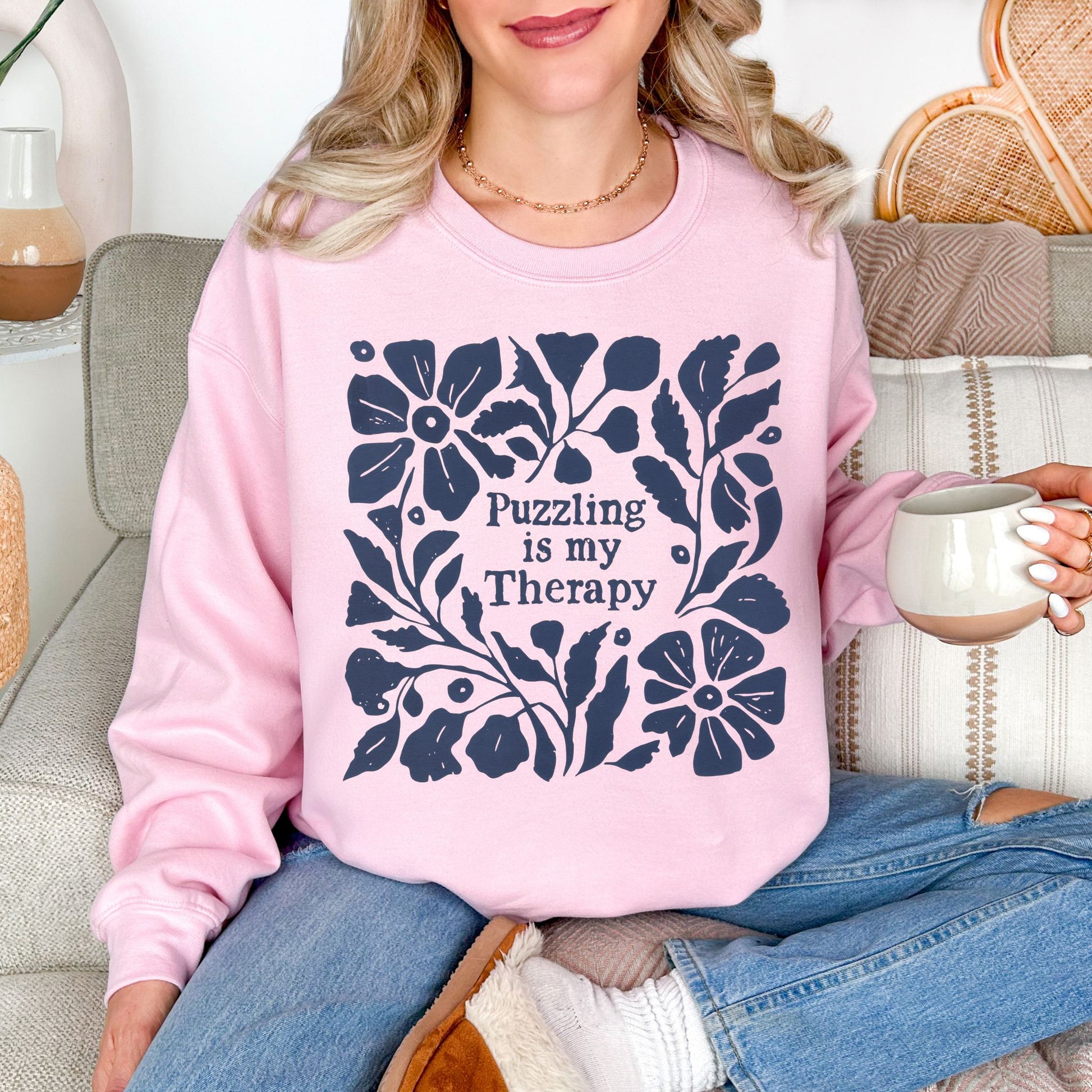 "Puzzling is my therapy" graphic on soft pale pink (light pink) sweatshirt.