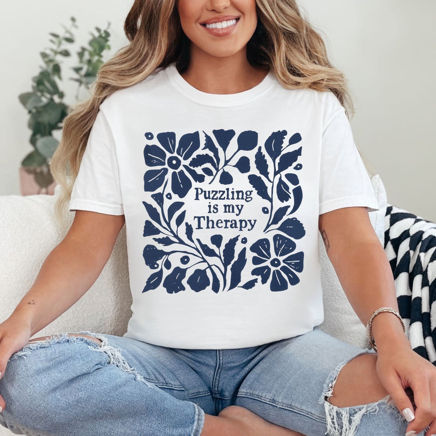 “Puzzling is my therapy" graphic on bright white (white) t-shirt.