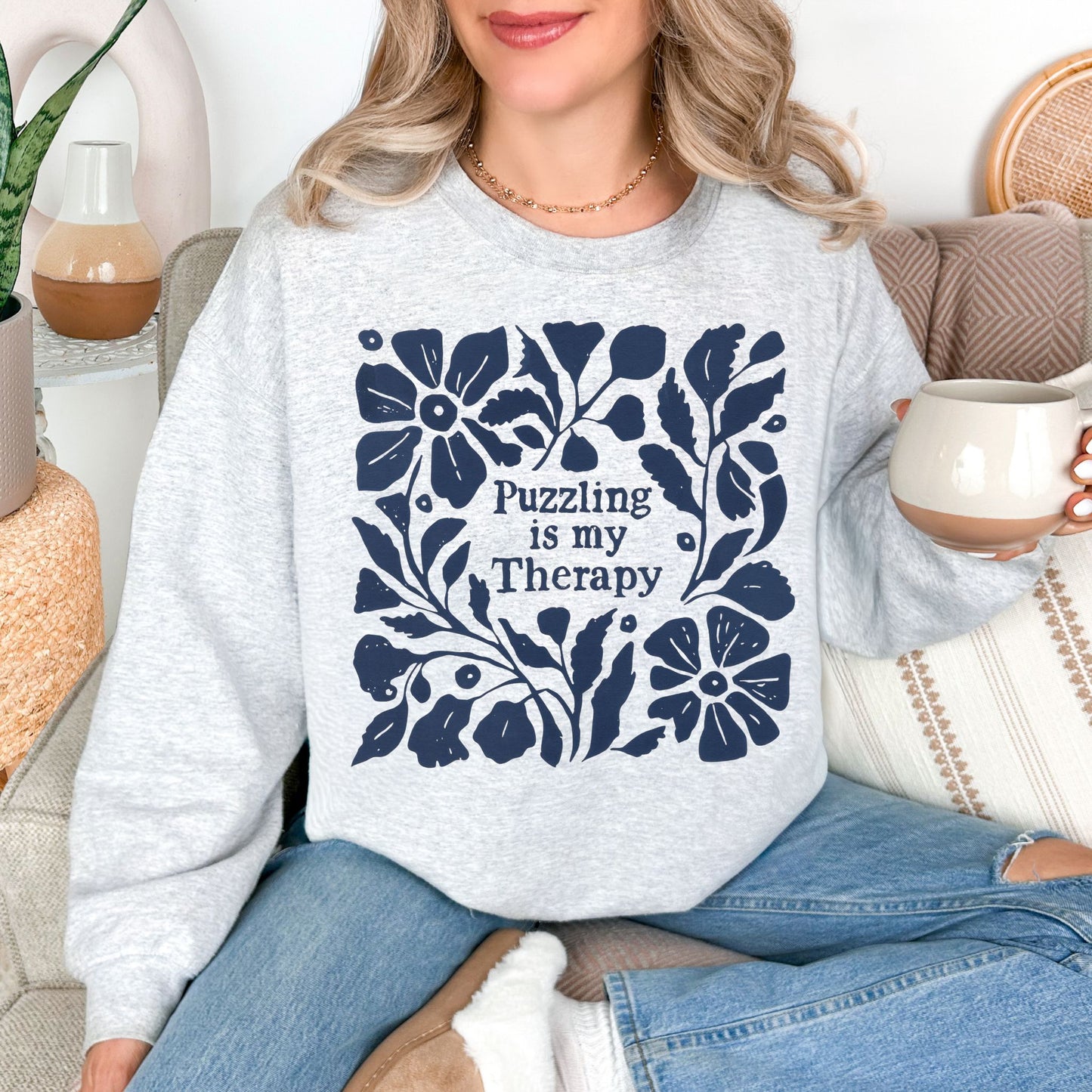 "Puzzling is my therapy" graphic on very light gray (ash) sweatshirt.