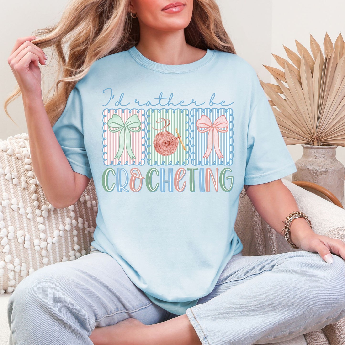 "Rather Be Crocheting" graphic on soft medium blue (chambray) T-Shirt