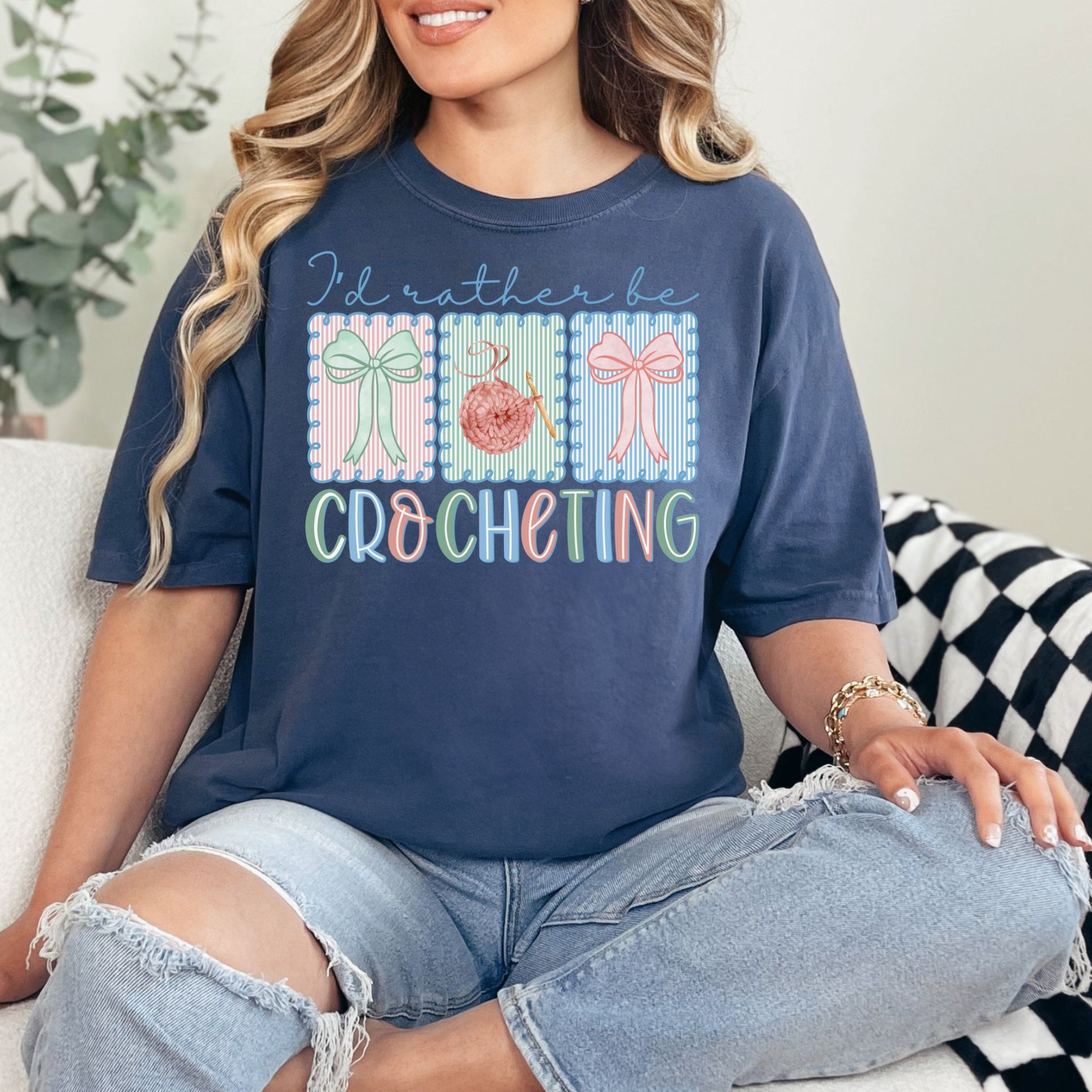 "Rather Be Crocheting" graphic on deep navy blue (navy) T-Shirt
