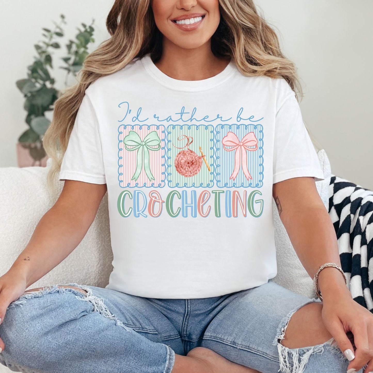 "Rather Be Crocheting" graphic on bright white (white) T-shirt.