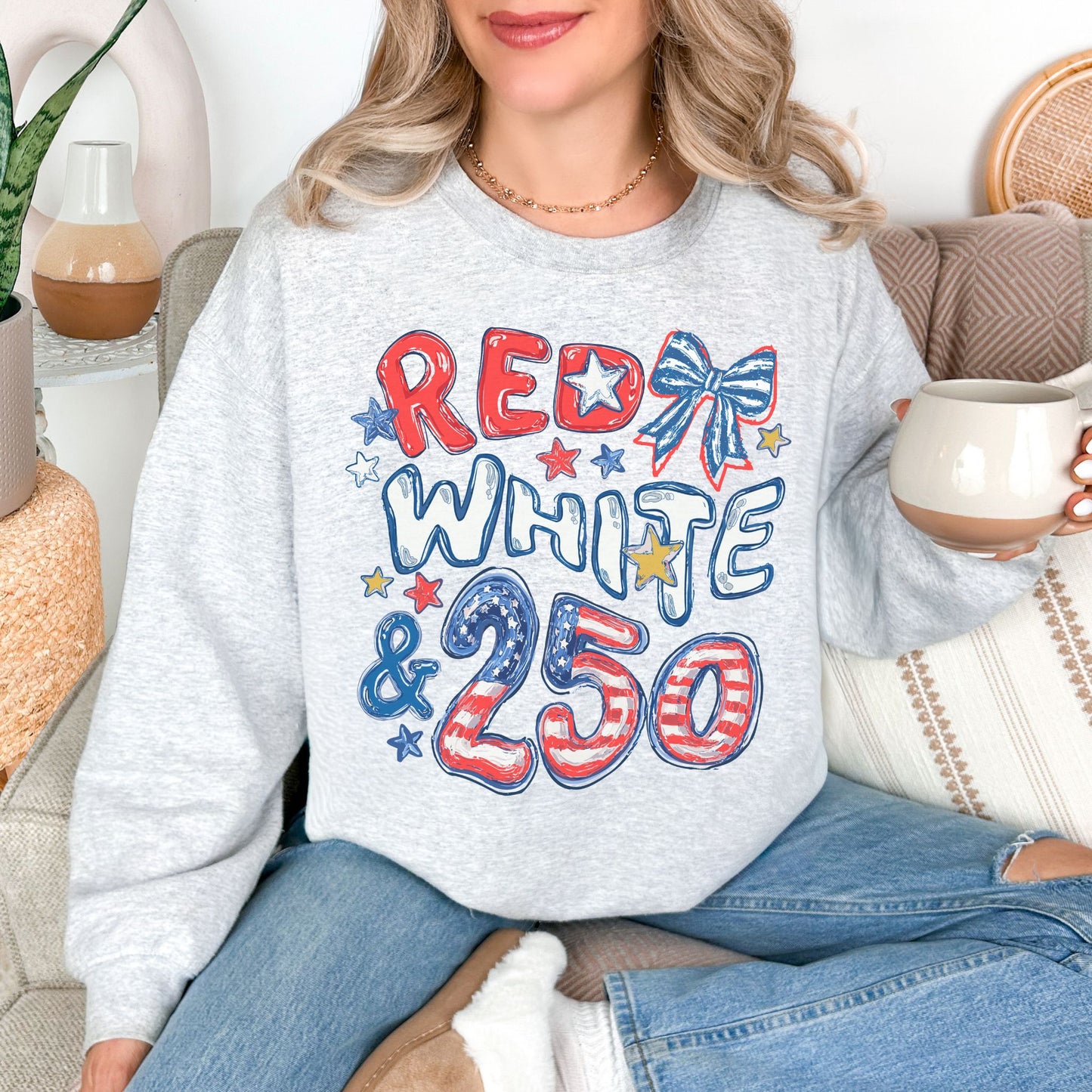 "Red White and 250 Coquette Doodle" in very light gray (ash) Sweatshirt.