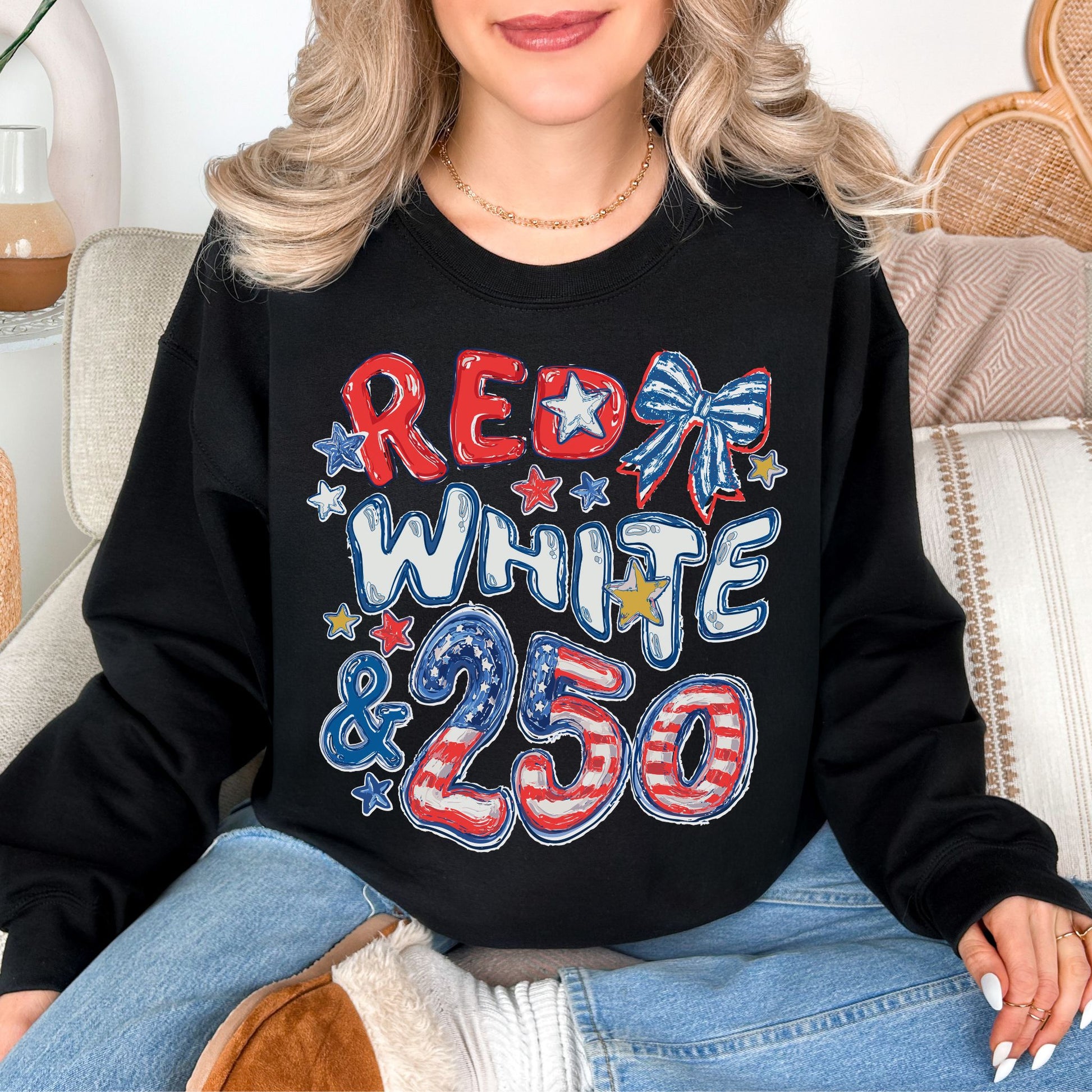 "Red White and 250 Coquette Doodle" on a black Sweatshirt.