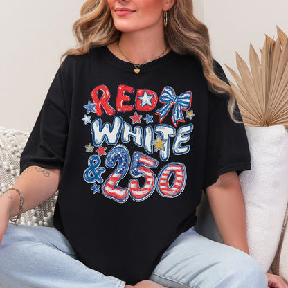 "Red White and 250 Coquette Doodle" graphic on a black T-Shirt.