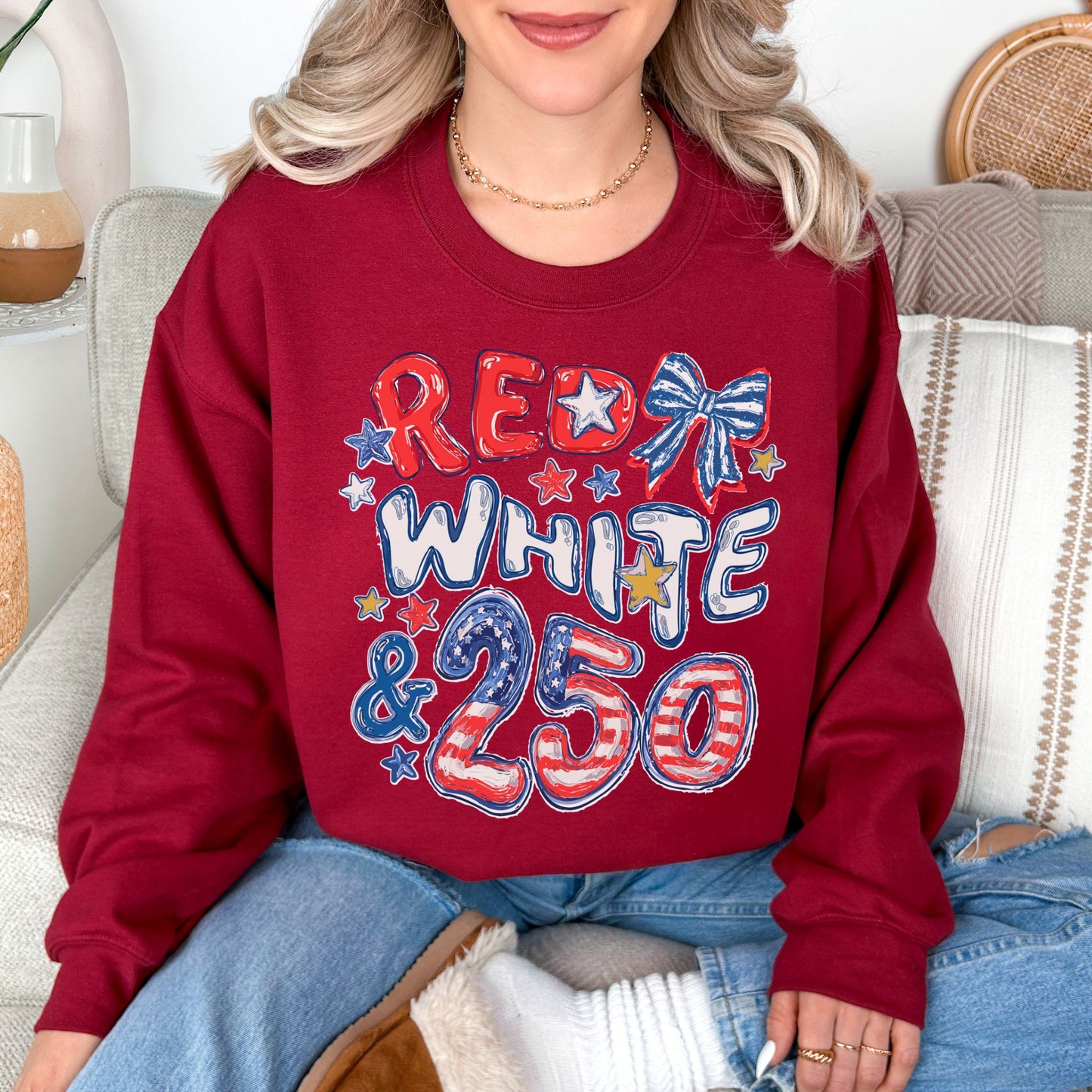 "Red White and 250 Coquette Doodle" in dark red (cardinal red) Sweatshirt.