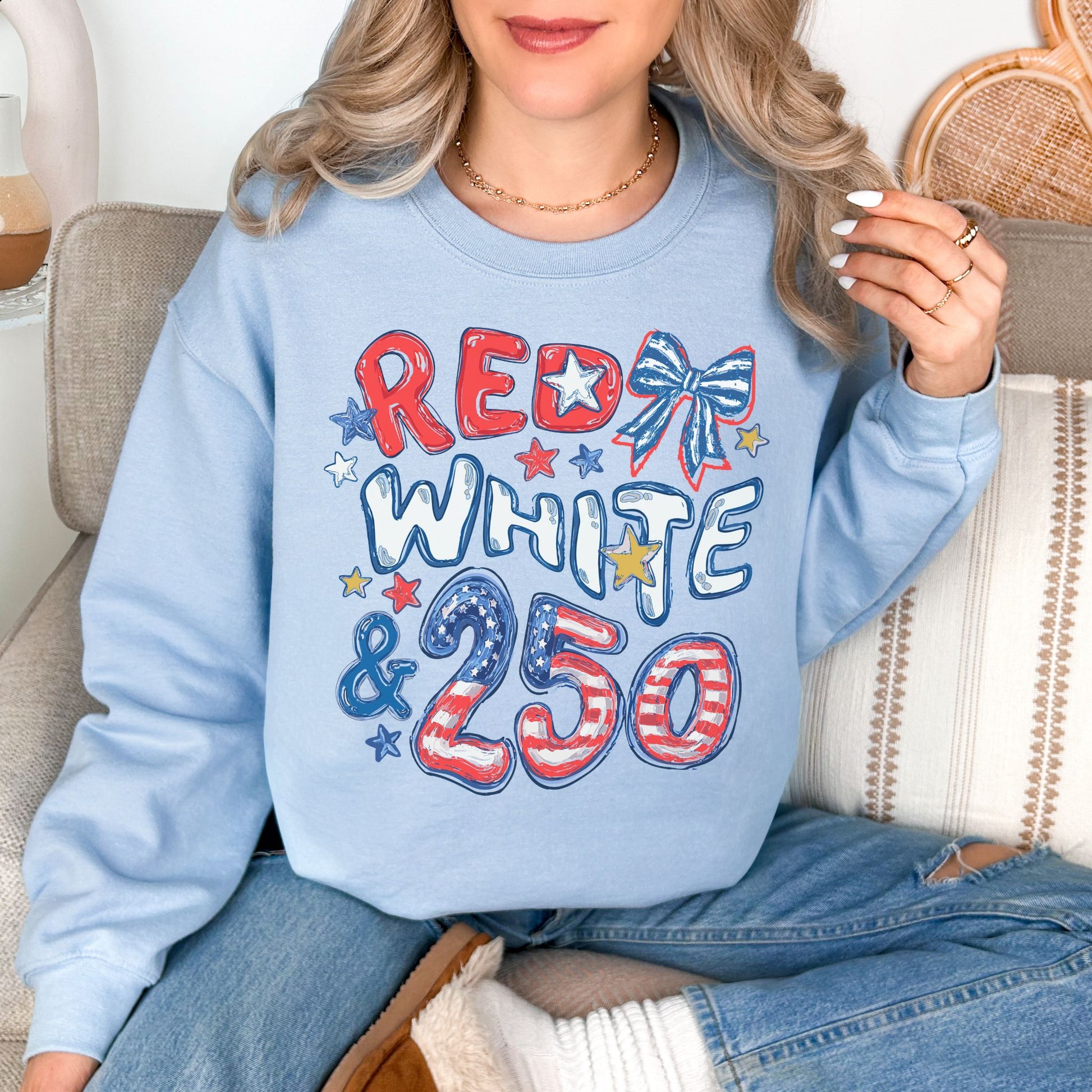 "Red White and 250 Coquette Doodle" in pale blue (light blue) Sweatshirt.