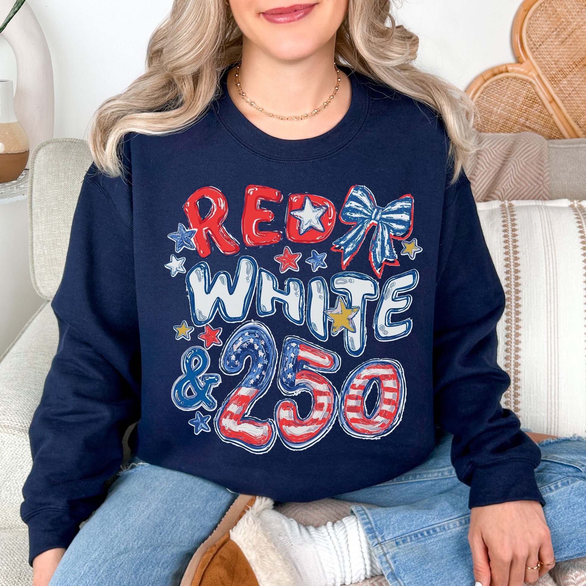 "Red White and 250 Coquette Doodle" in dark blue (navy) Sweatshirt.