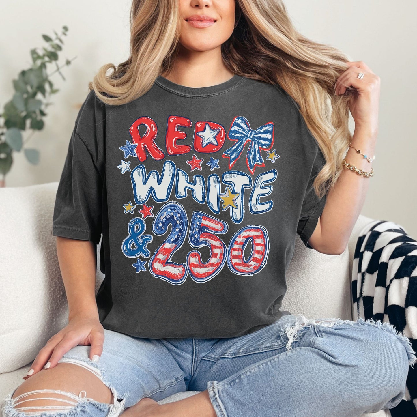 "Red White and 250 Coquette Doodle" graphic on dark charcoal gray (pepper) T-Shirt.