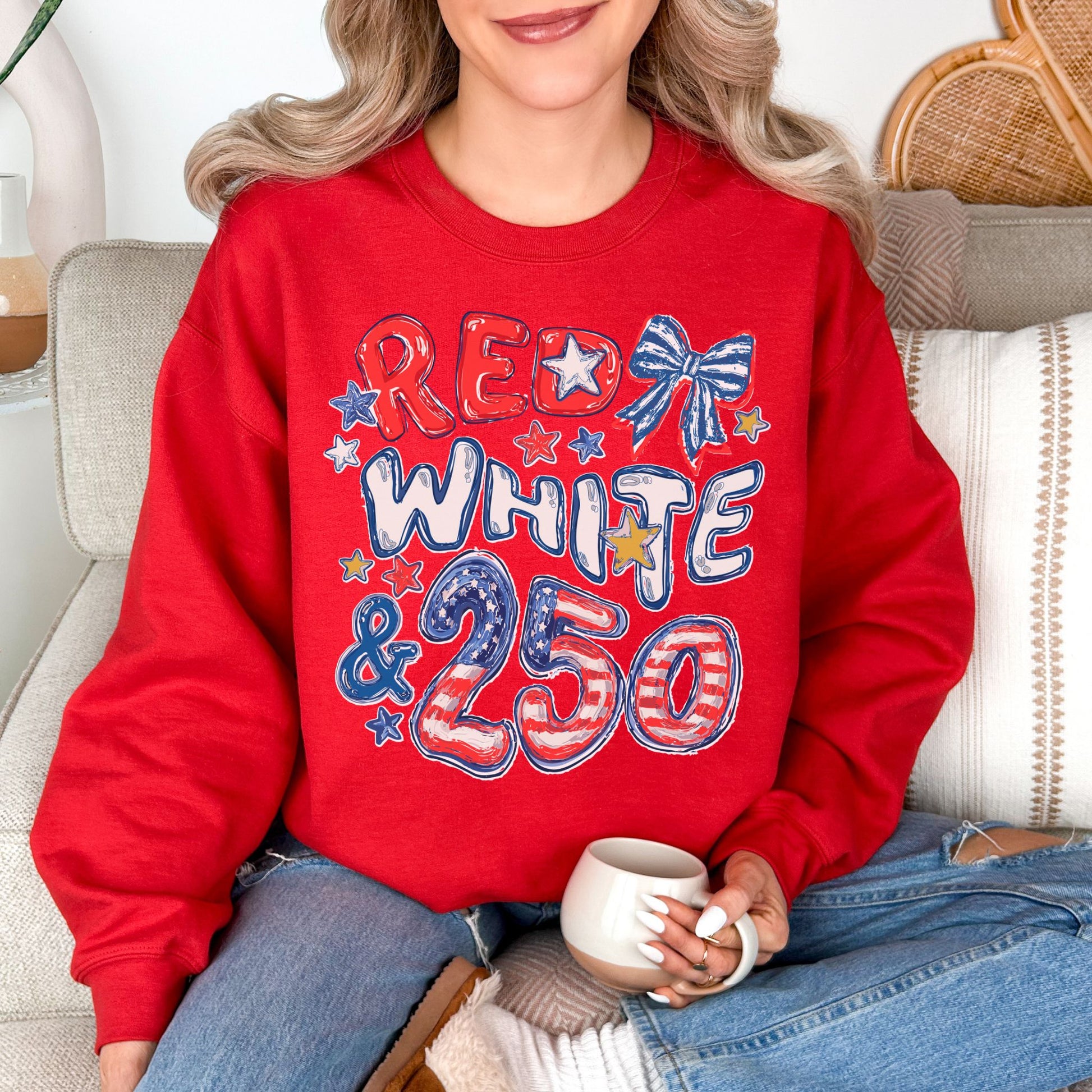 "Red White and 250 Coquette Doodle" on true red (red) Sweatshirt.