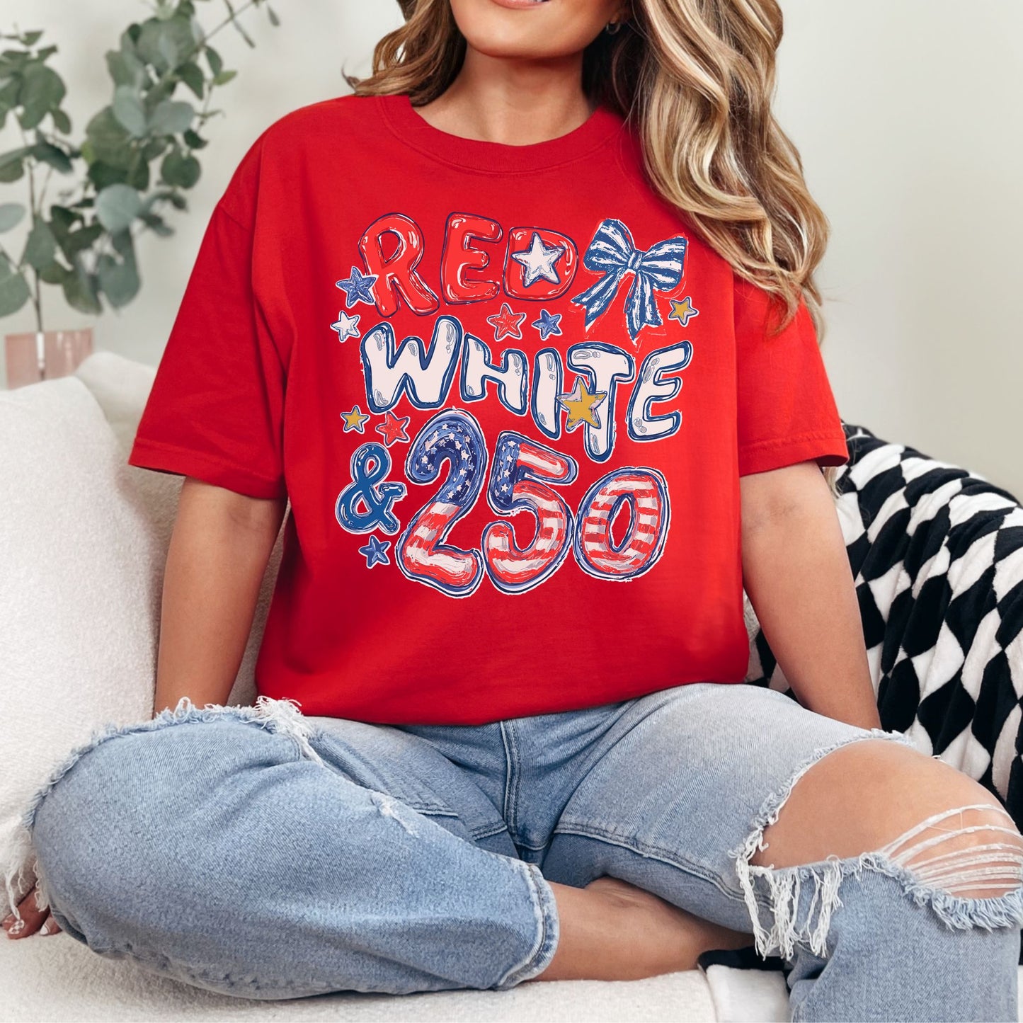 "Red White and 250 Coquette Doodle" graphic on classic true red (red) T-Shirt.