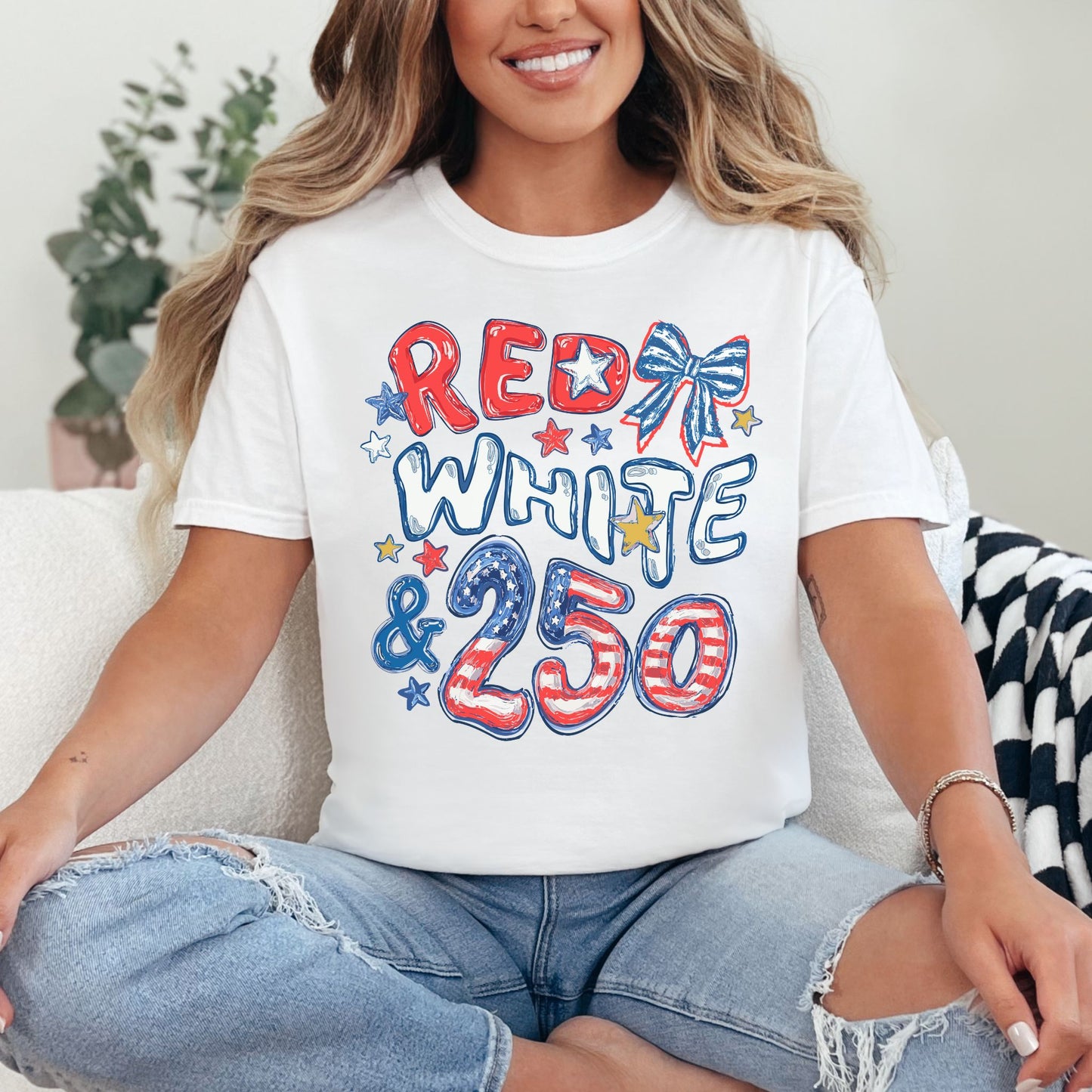 "Red White and 250 Coquette Doodle" graphic on a bright white (white) T-Shirt.