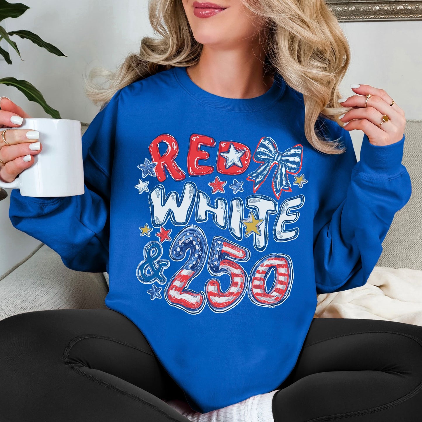 "Red White and 250 Coquette Doodle" on bright medium blue (royal blue) Sweatshirt.