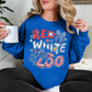 "Red White and 250 Coquette Doodle" on bright medium blue (royal blue) Sweatshirt.
