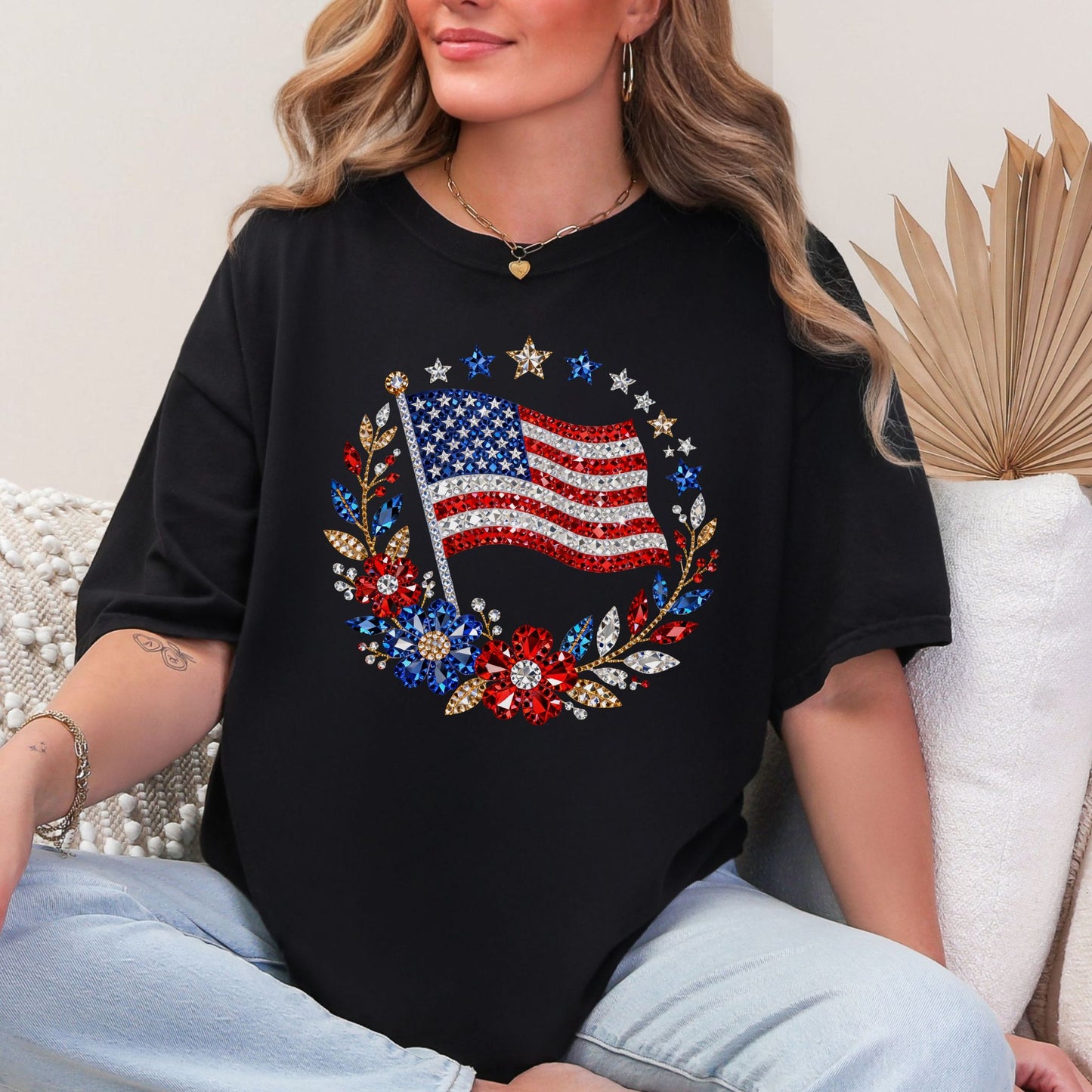 "Faux Rhinestone American Flag Diamond Art" graphic on a black T-Shirt.