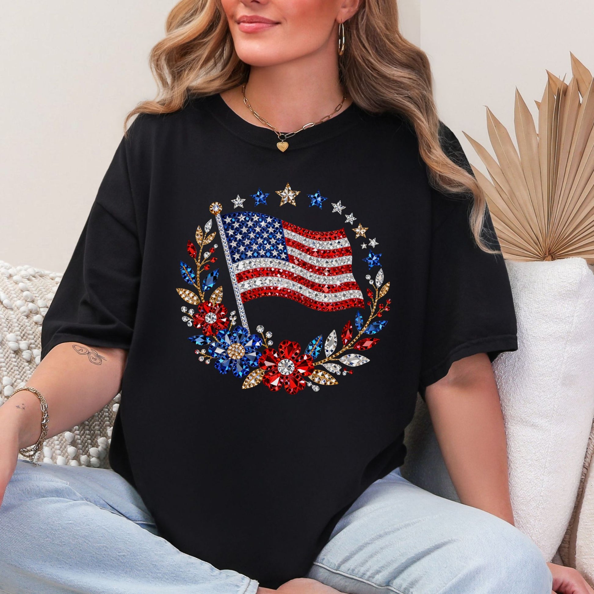 "Faux Rhinestone American Flag Diamond Art" graphic on a black T-Shirt.
