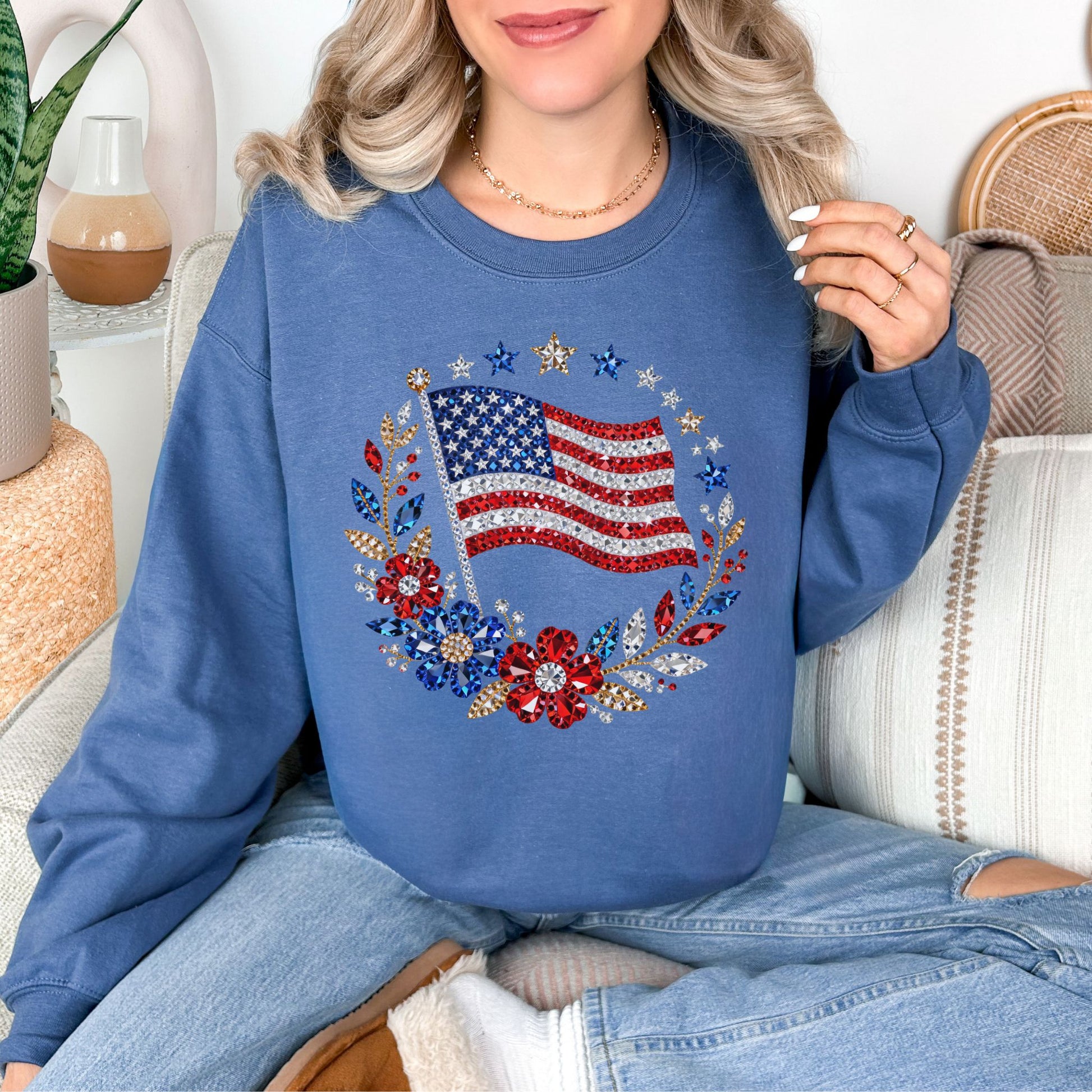 "Faux Rhinestone American Flag Diamond Art" graphic on deep muted blue (indigo blue) sweatshirt.
