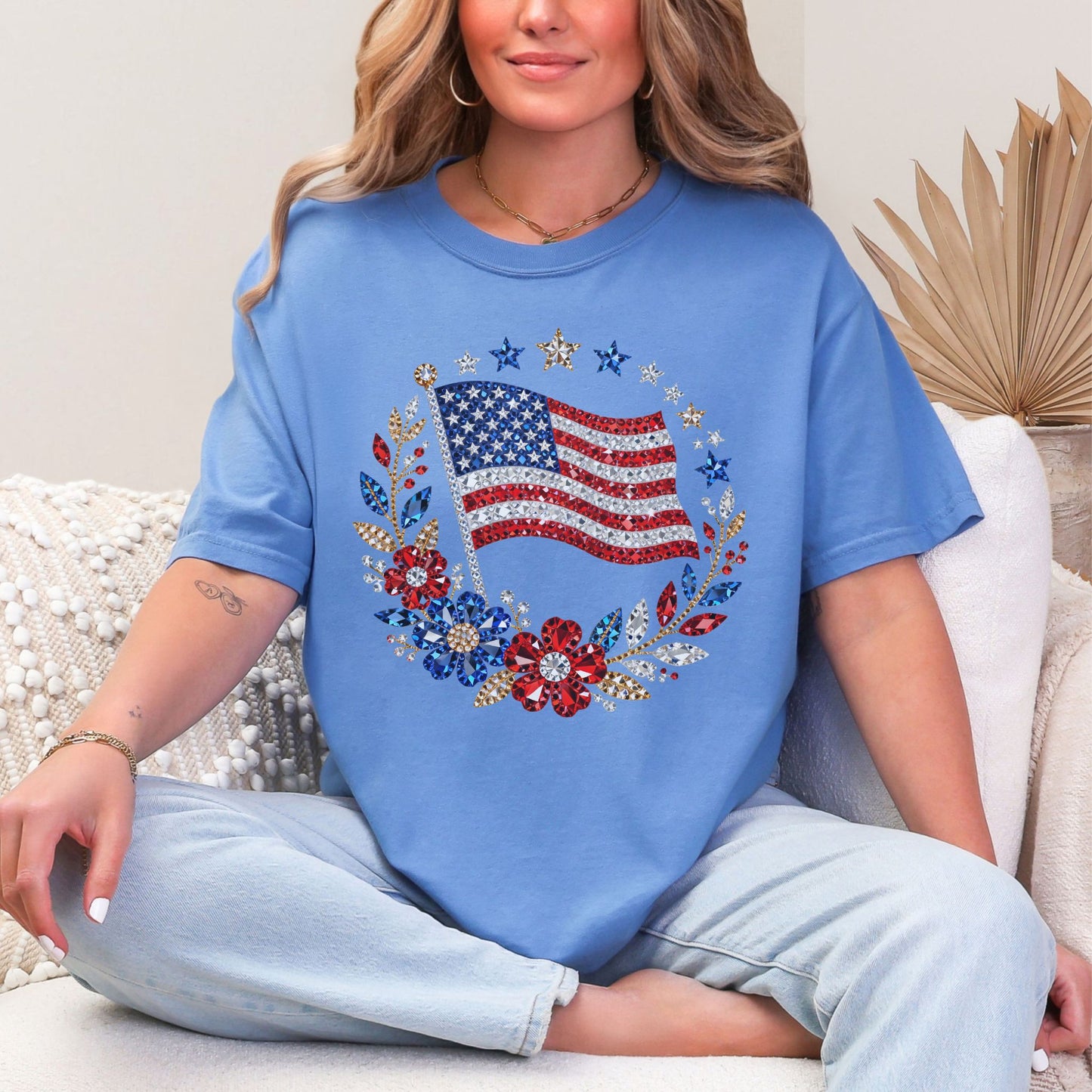 "Faux Rhinestone American Flag Diamond Art" graphic on muted blue-green (mystic blue) T-Shirt.