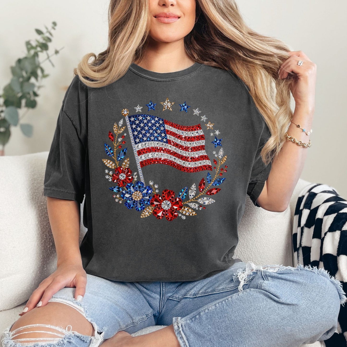 "Faux Rhinestone American Flag Diamond Art" graphic on a dark charcoal gray (pepper) T-Shirt.