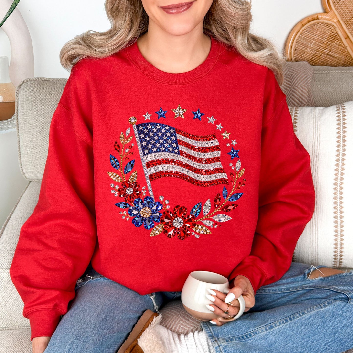 "Faux Rhinestone American Flag Diamond Art" graphic on true red (red) sweatshirt.