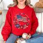 "Faux Rhinestone American Flag Diamond Art" graphic on true red (red) sweatshirt.