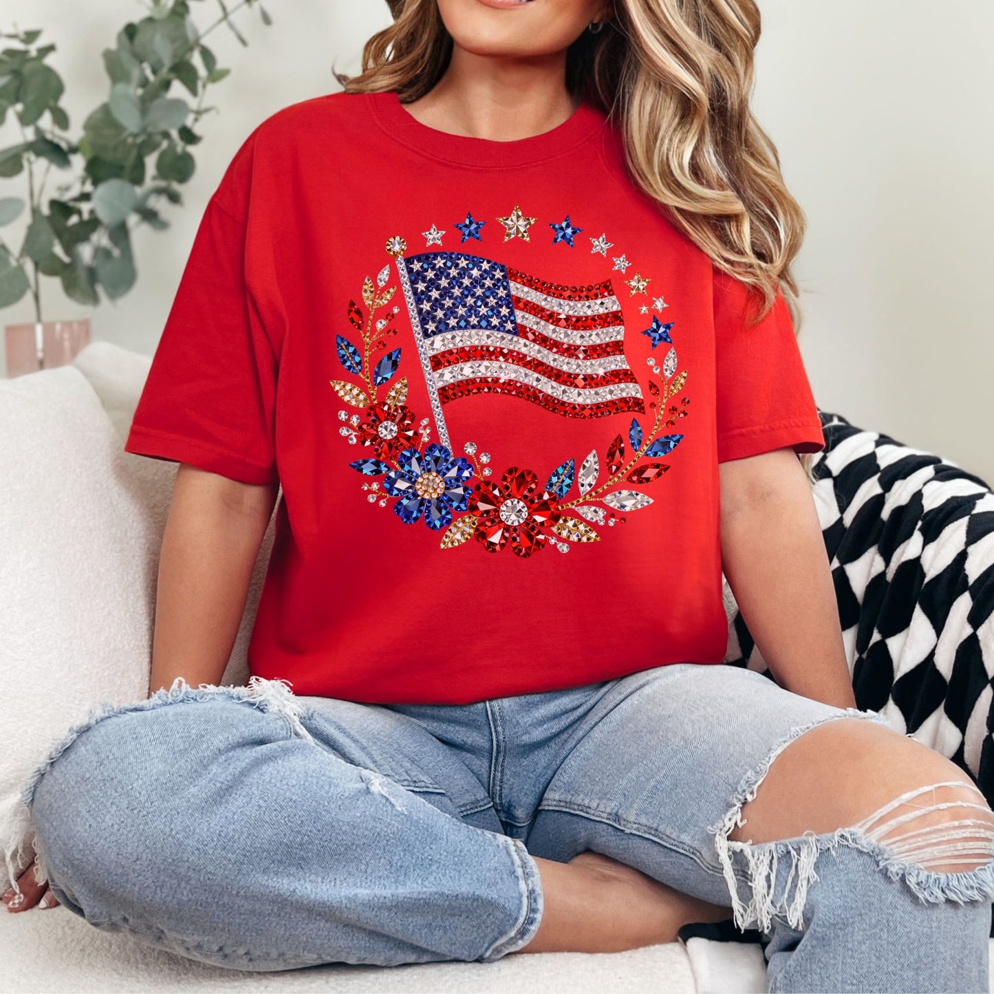 "Faux Rhinestone American Flag Diamond Art" graphic on classic true red (red) T-Shirt.