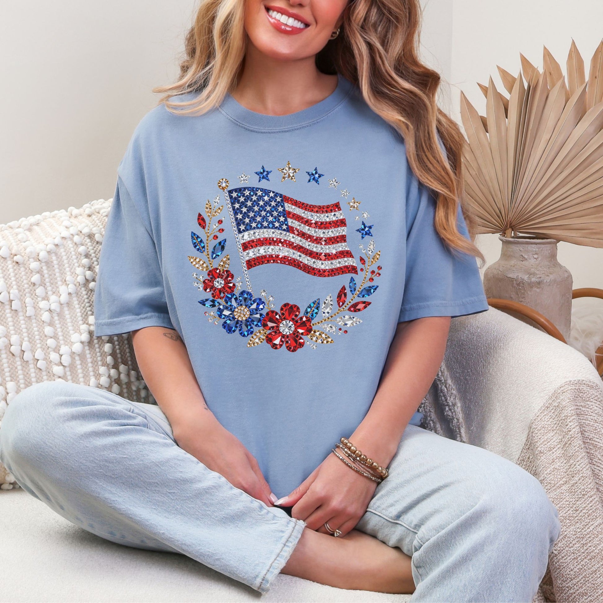 "Faux Rhinestone American Flag Diamond Art" graphic on muted denim blue (washed denim) T-Shirt.