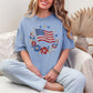 "Faux Rhinestone American Flag Diamond Art" graphic on muted denim blue (washed denim) T-Shirt.