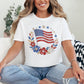 "Faux Rhinestone American Flag Diamond Art" graphic on a white T-Shirt.