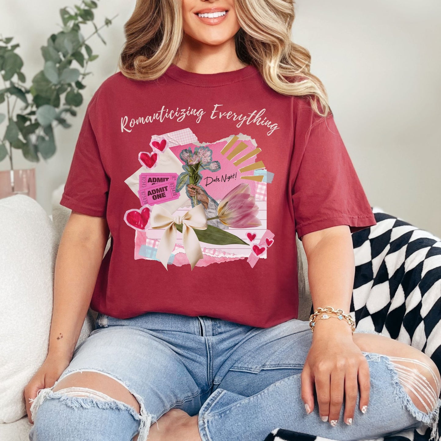 "Romanticizing Everything" graphic on muted brick red (chili)t-shirt.