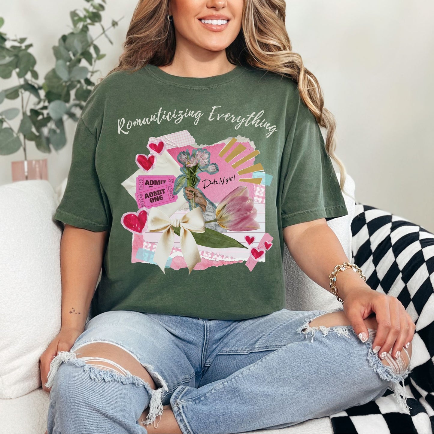 "Romanticizing Everything" graphic on muted earthy green-gray (hemp) t-shirt.