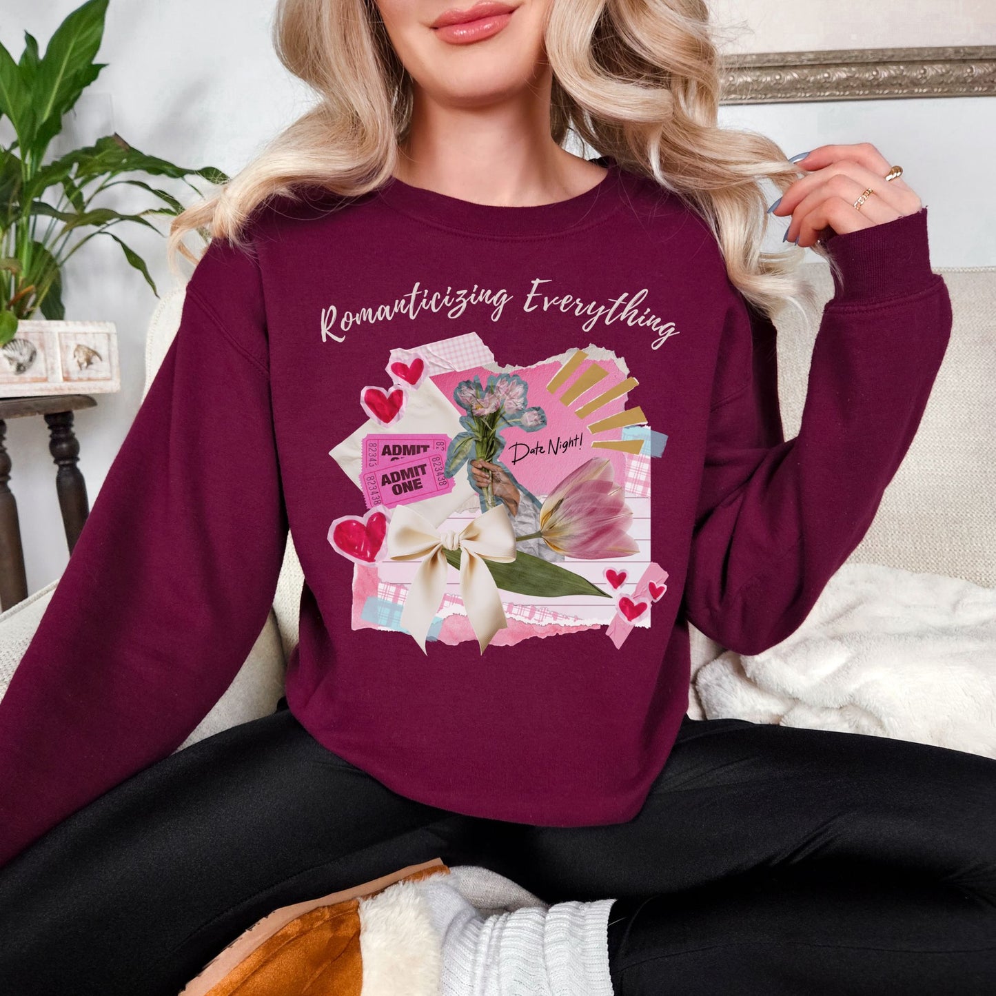 "Romanticizing Everything" graphic on deep burgundy red (maroon) Sweatshirt.